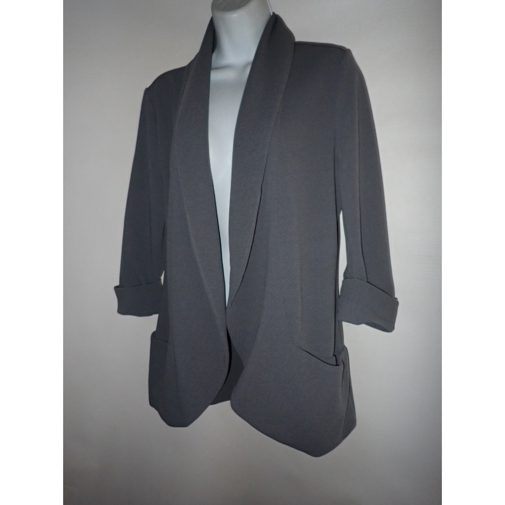 French Mauve Knit Tunic Blazer Women L Gray Open Stretch Pockets Business Casual - Picture 3 of 5